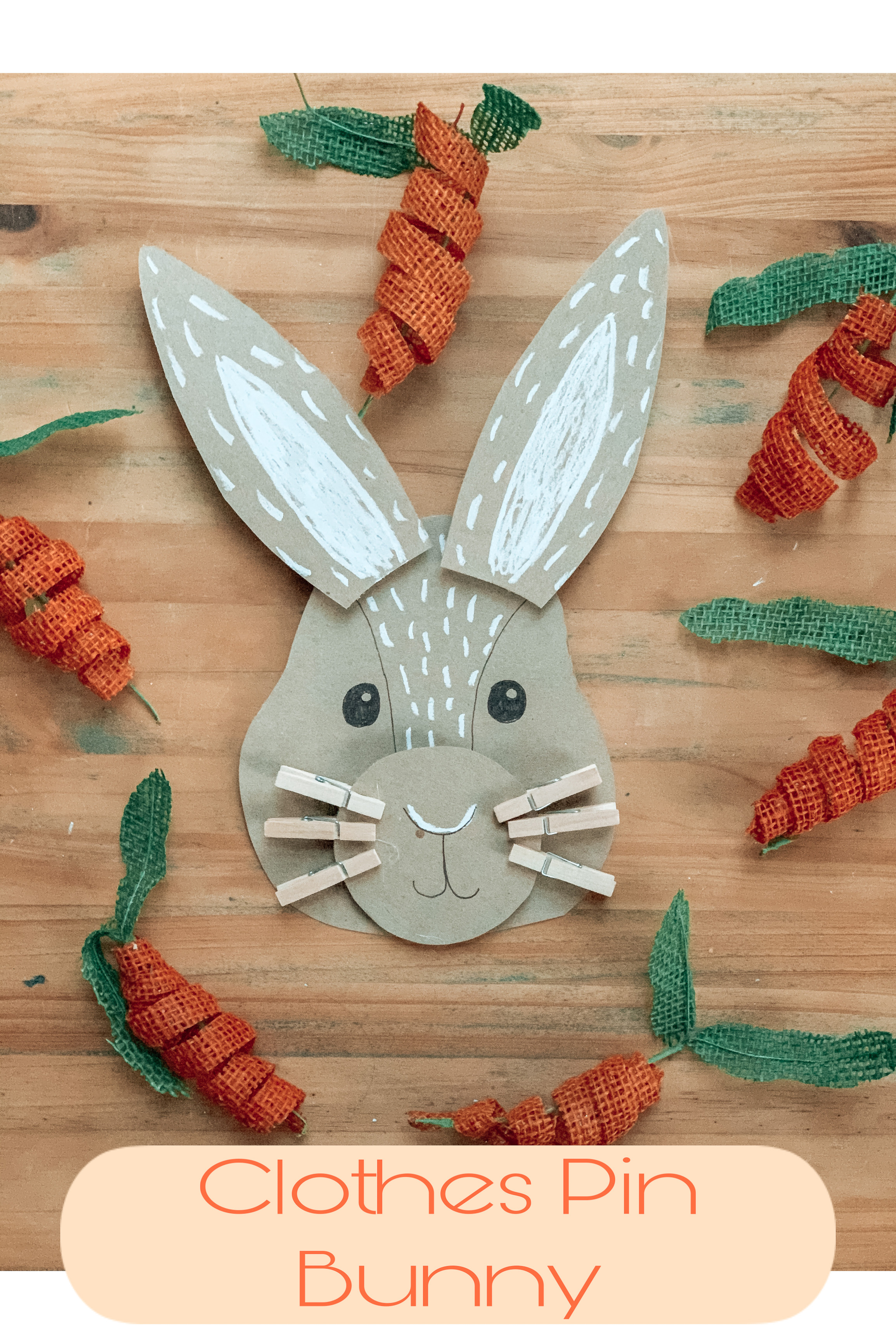 Kids bunny activity craft made from repurposed cardboard and clothespins