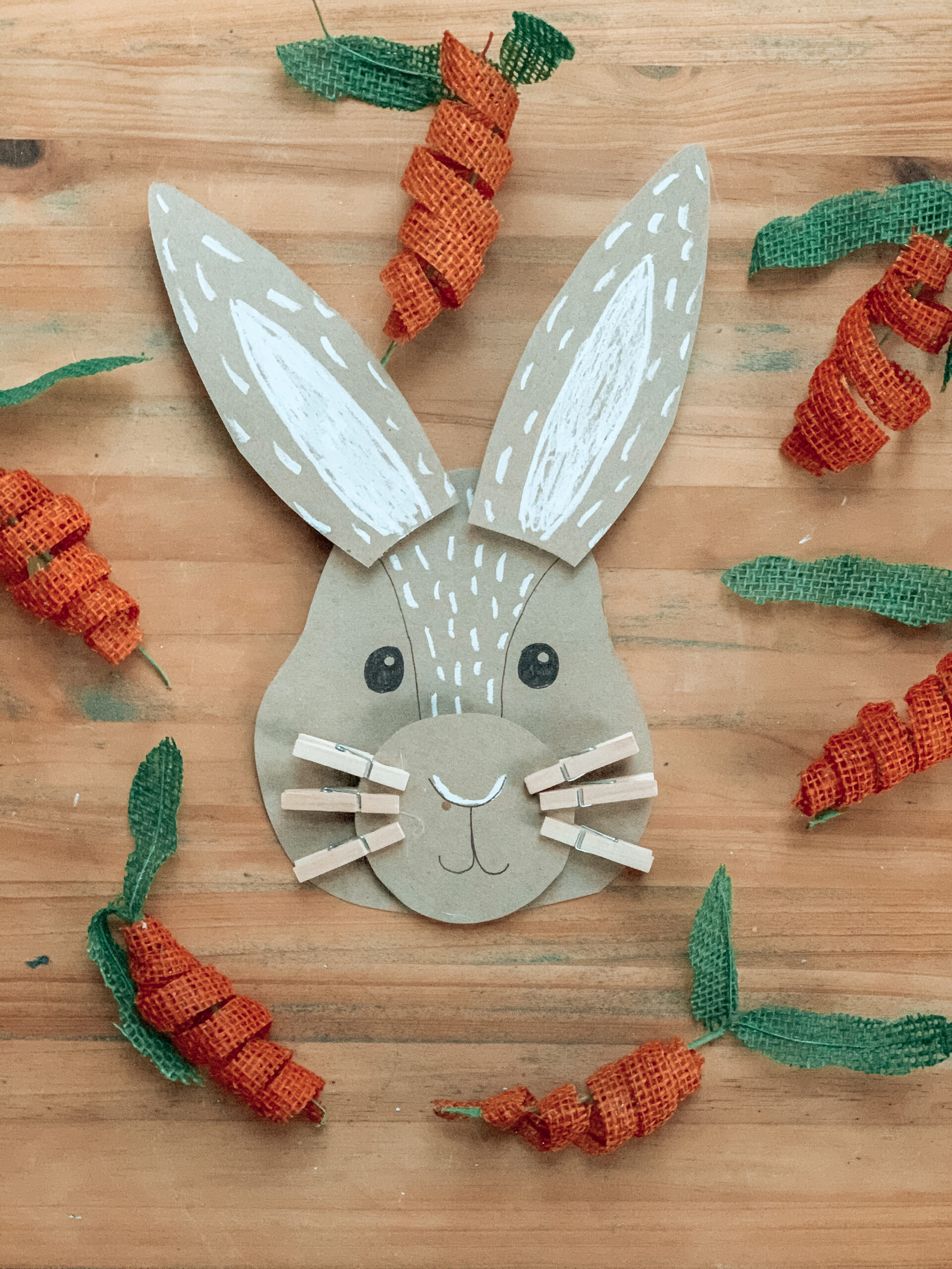 Easter bunny kids activity craft made from repurposed cardboard and clothespins