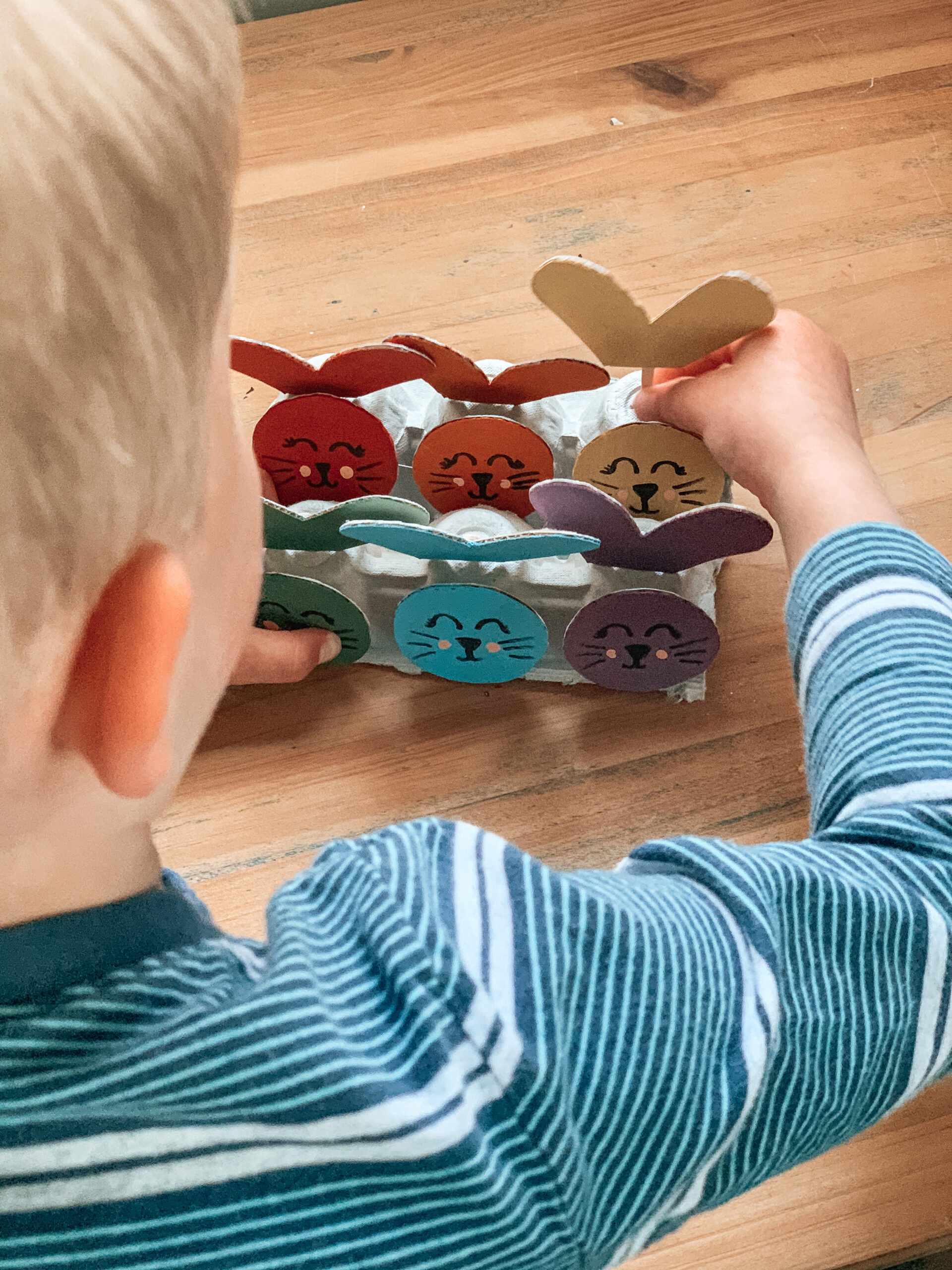 Child playing with egg carton, color matching activity