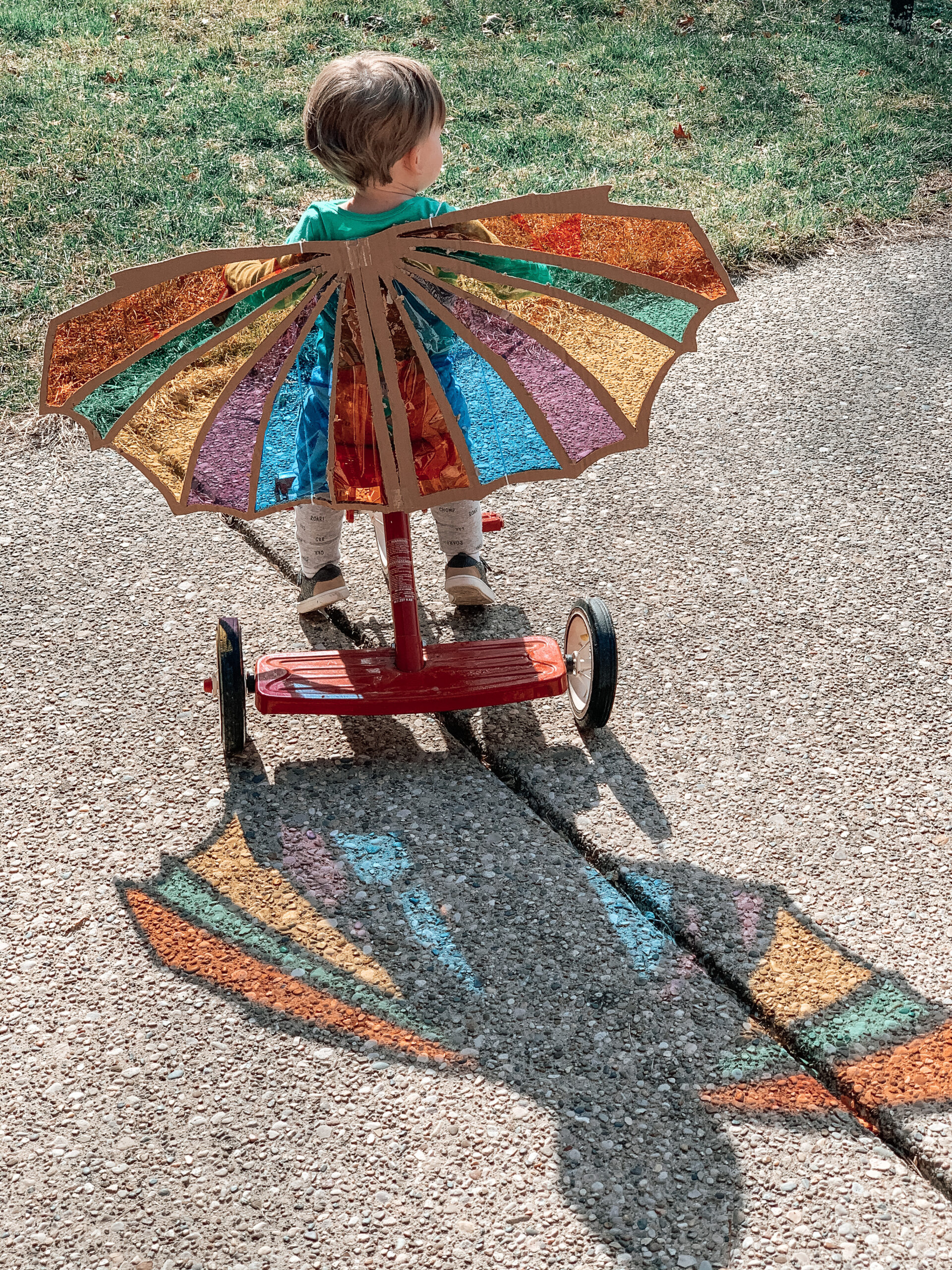 Child riding tricycle wearing dragon wings made of cardboard catching the sun