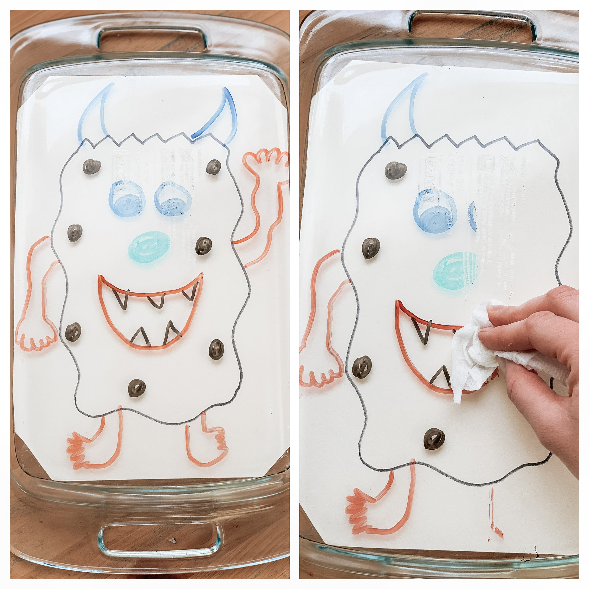 Completed monster craft showing how to draw faces on the dish and wipe the face off the monster.